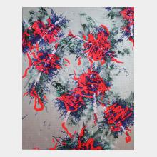 Contemporary abstract mixed media painting on canvas bright red and blue on the silver background
