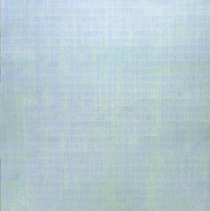 0il painting on canvas blue and pale turquoise small lines in rows