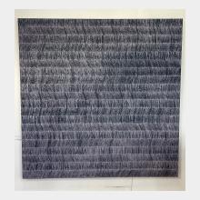 Large square canvas in oils background in dark grey with flowing lines across in diagonal angles