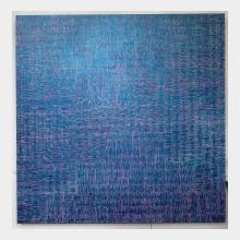large oil painting in blues pink and green small lines over all the surface