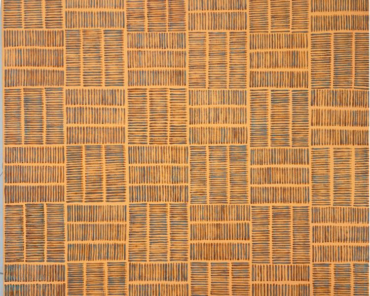 Abstract painting in warm apricot colour with a grid of umber markers and small and turquoise