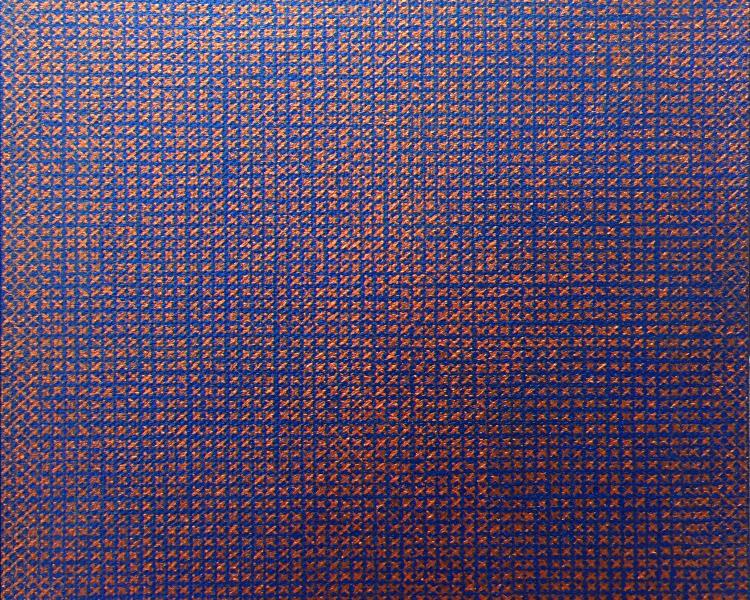 small oil painting in copper and ulyamarine a grid made from crosses
