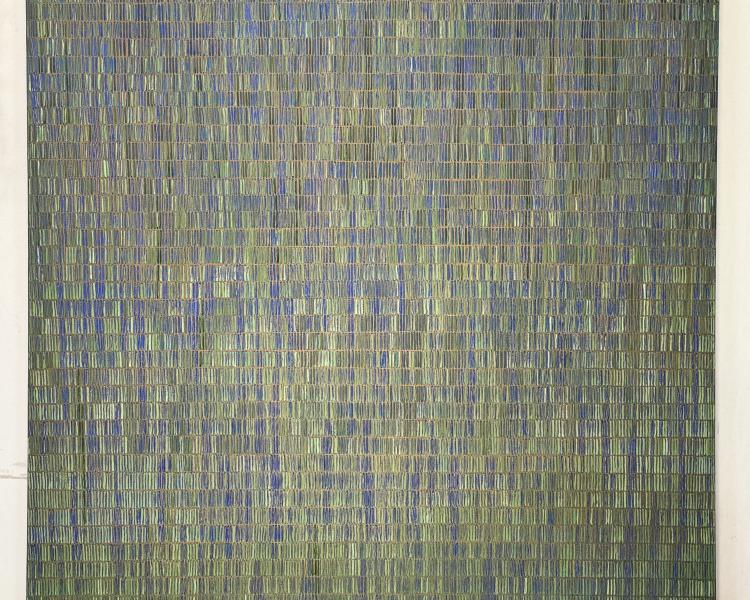 Abstract oil painting blue green  bronze