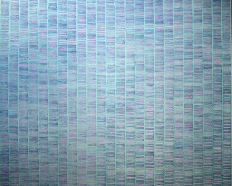 large  abstract oil painting in blues and mauve  water surface 