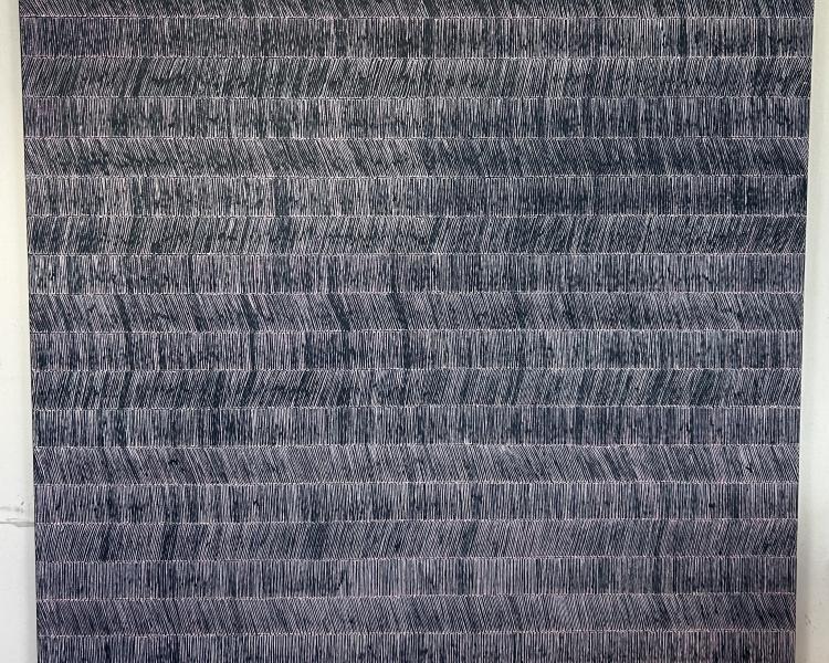 Large square canvas in oils background in dark grey with flowing lines across in diagonal angles