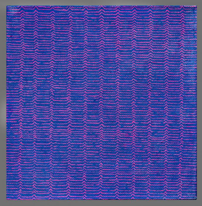 contempory oil on canvas blue with pink repeated marks 