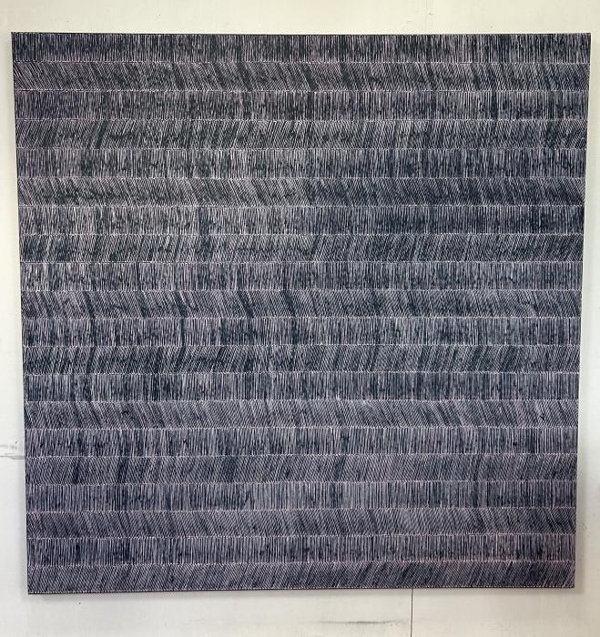 Large square canvas in oils background in dark grey with flowing lines across in diagonal angles